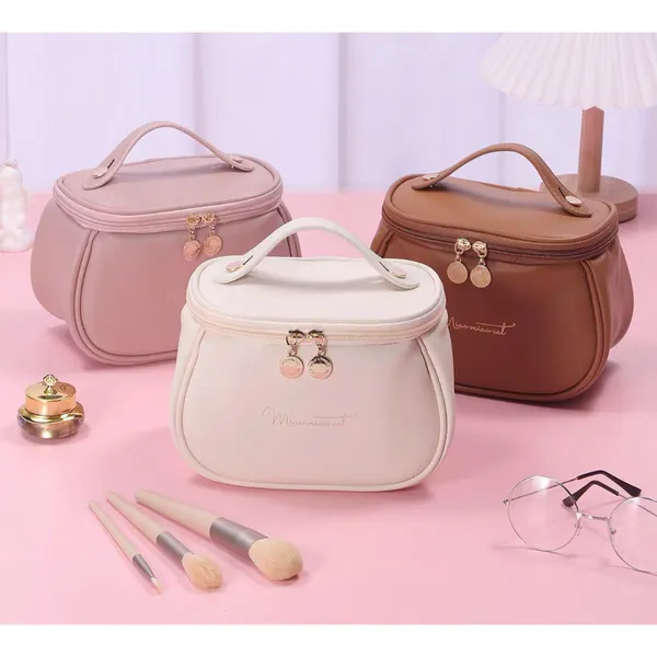 Bolsa para cosméticos de couro PU com grande capacidade portatil para viagem