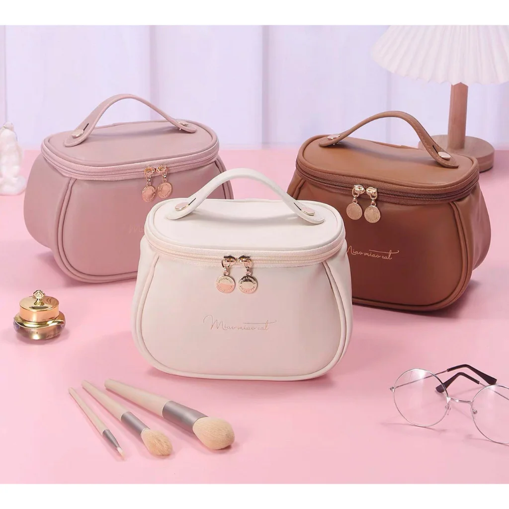 Bolsa para cosméticos de couro PU com grande capacidade portatil para viagem