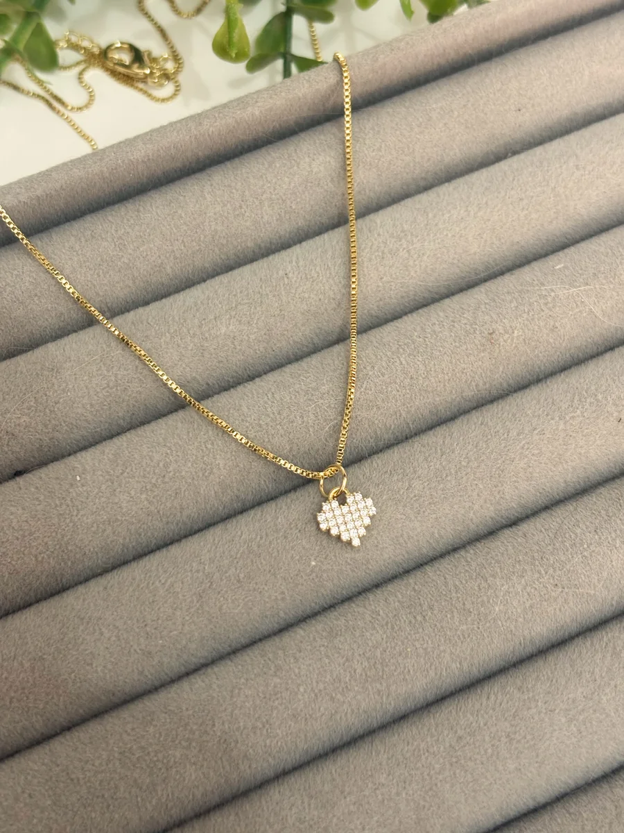 Corrente coração tetris dourada