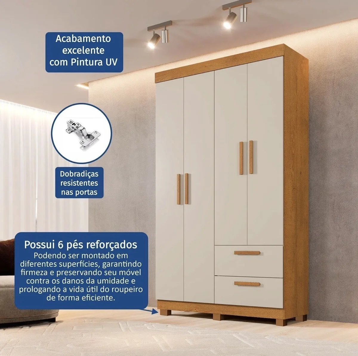 Guarda-roupa 4 Portas 2 Gavetas 100% MDF Flórida