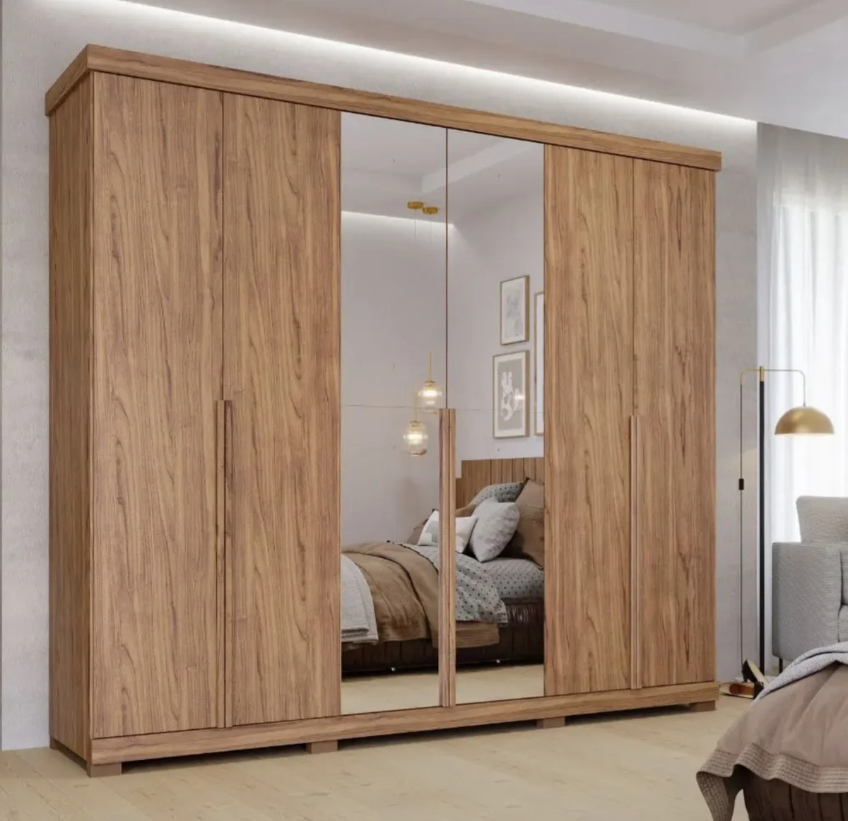 Guarda Roupa guarapari 6 Portas Espelho e Pés MDF - Panan Cor Cinamomo/Off White